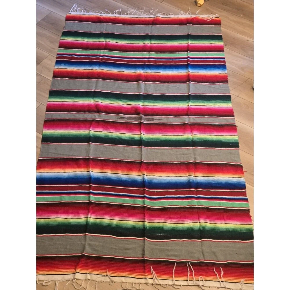 Vintage Mexican Sarape Blanket Rainbow Saltillo Stripe Blanket Throw 80x45